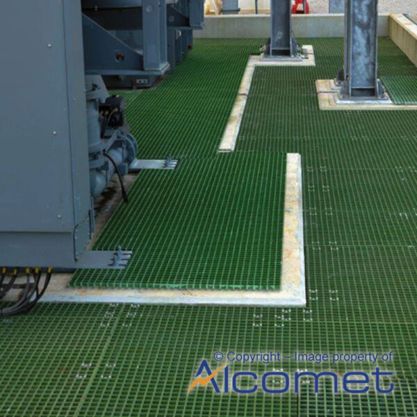 Open mesh green GRP flooring in a bund area
